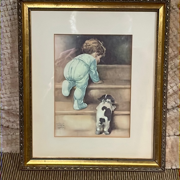 Framed Bessie Pease Gutmann Print, Little Boy & Puppy Climbing Stairs - Picture 1 of 14